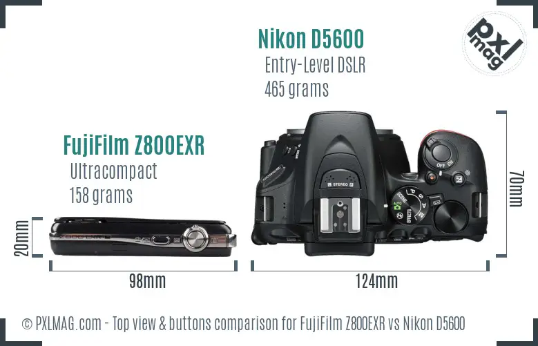 FujiFilm Z800EXR vs Nikon D5600 top view buttons comparison