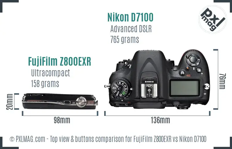 FujiFilm Z800EXR vs Nikon D7100 top view buttons comparison