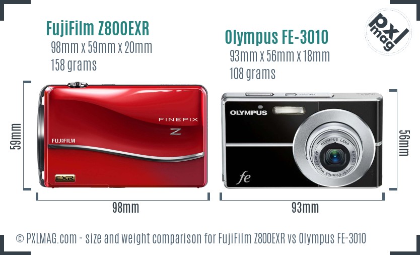 FujiFilm Z800EXR vs Olympus FE-3010 size comparison