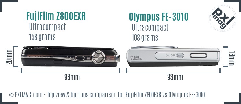 FujiFilm Z800EXR vs Olympus FE-3010 top view buttons comparison