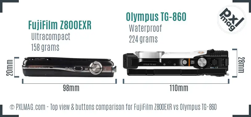FujiFilm Z800EXR vs Olympus TG-860 top view buttons comparison FujiFilm Z800EXR vs Olympus TG-860 top view buttons comparison