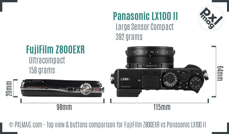 FujiFilm Z800EXR vs Panasonic LX100 II top view buttons comparison