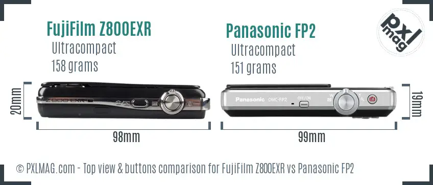 FujiFilm Z800EXR vs Panasonic FP2 top view buttons comparison FujiFilm Z800EXR vs Panasonic FP2 top view buttons comparison