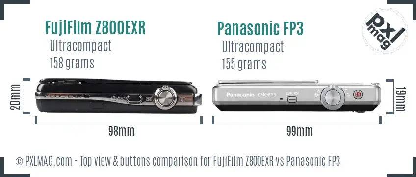 FujiFilm Z800EXR vs Panasonic FP3 top view buttons comparison FujiFilm Z800EXR vs Panasonic FP3 top view buttons comparison