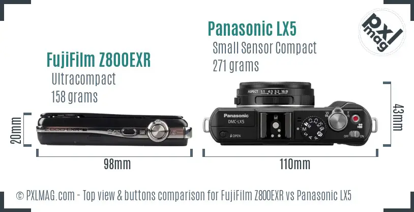 FujiFilm Z800EXR vs Panasonic LX5 top view buttons comparison