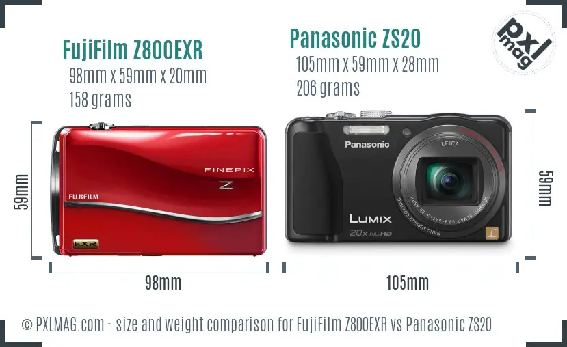 FujiFilm Z800EXR vs Panasonic ZS20 size comparison