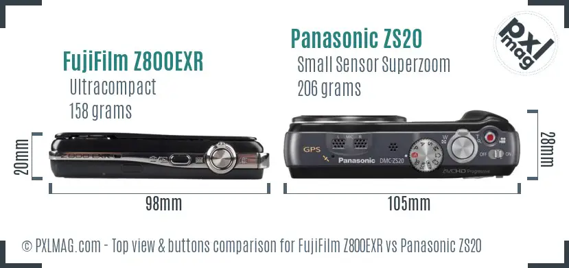 FujiFilm Z800EXR vs Panasonic ZS20 top view buttons comparison