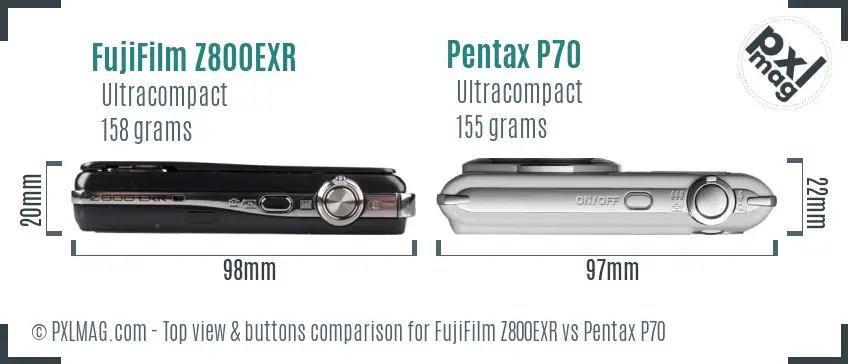 FujiFilm Z800EXR vs Pentax P70 top view buttons comparison