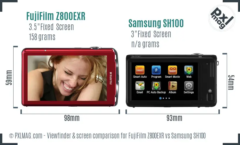 FujiFilm Z800EXR vs Samsung SH100 Screen and Viewfinder comparison
