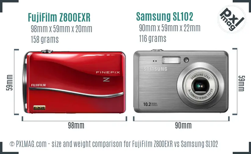 FujiFilm Z800EXR vs Samsung SL102 size comparison