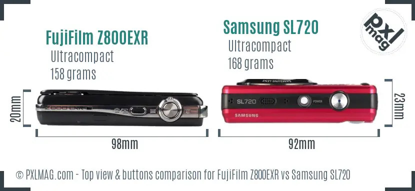 FujiFilm Z800EXR vs Samsung SL720 top view buttons comparison FujiFilm Z800EXR vs Samsung SL720 top view buttons comparison