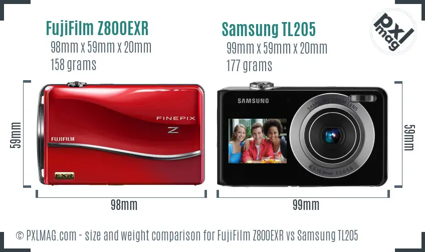 FujiFilm Z800EXR vs Samsung TL205 size comparison