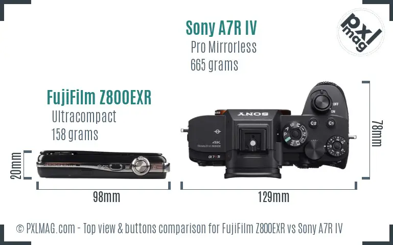 FujiFilm Z800EXR vs Sony A7R IV top view buttons comparison