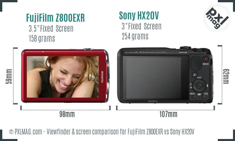 FujiFilm Z800EXR vs Sony HX20V Screen and Viewfinder comparison