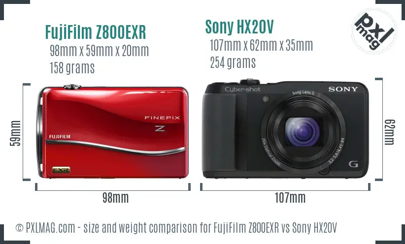 FujiFilm Z800EXR vs Sony HX20V size comparison