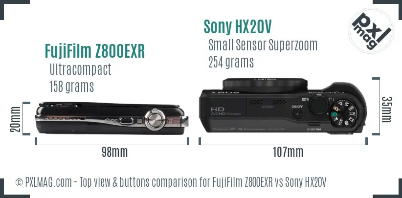 FujiFilm Z800EXR vs Sony HX20V top view buttons comparison