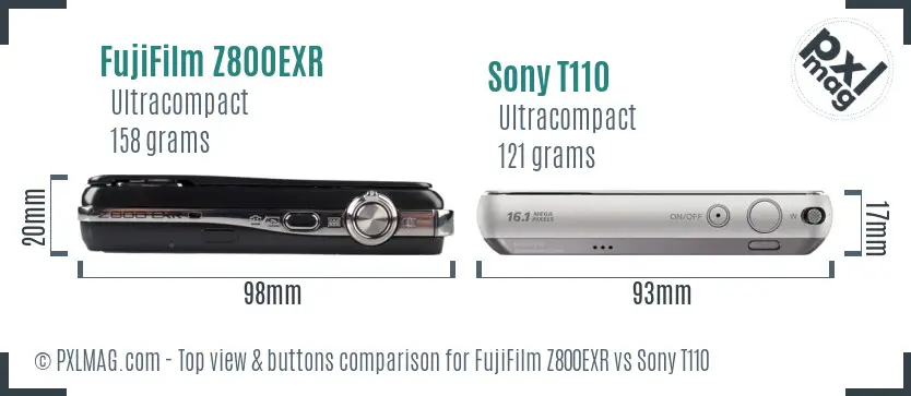 FujiFilm Z800EXR vs Sony T110 top view buttons comparison