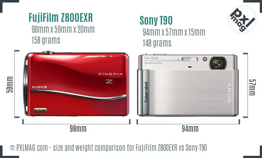 FujiFilm Z800EXR vs Sony T90 size comparison