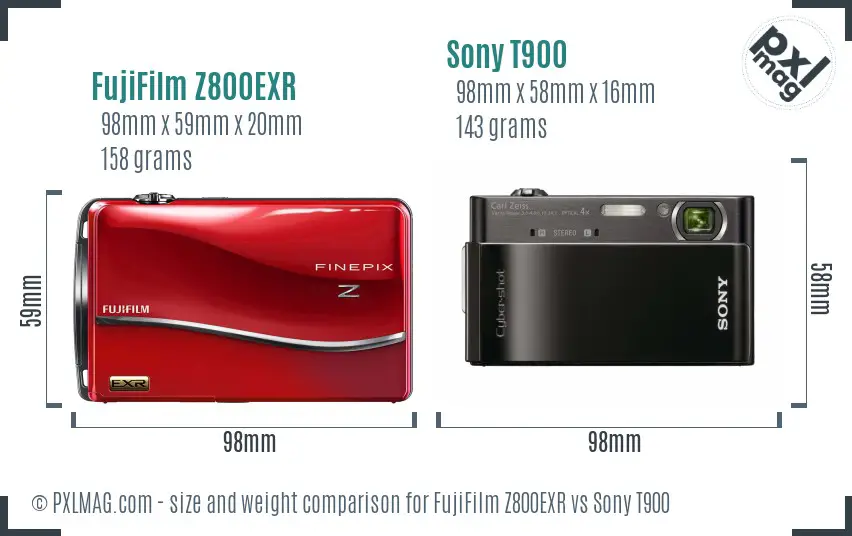 FujiFilm Z800EXR vs Sony T900 size comparison