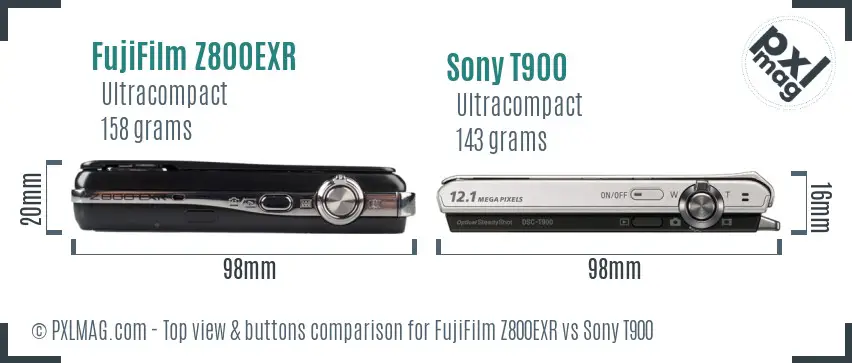 FujiFilm Z800EXR vs Sony T900 top view buttons comparison