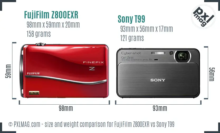 FujiFilm Z800EXR vs Sony T99 size comparison
