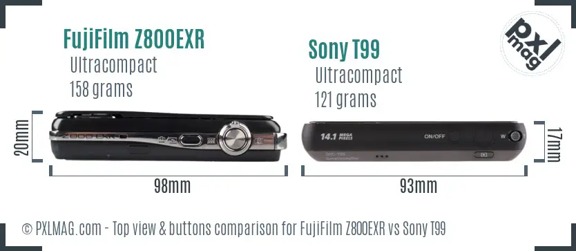 FujiFilm Z800EXR vs Sony T99 top view buttons comparison