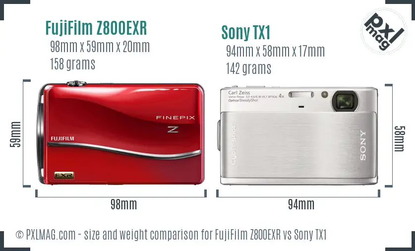 FujiFilm Z800EXR vs Sony TX1 size comparison