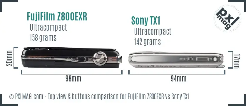 FujiFilm Z800EXR vs Sony TX1 top view buttons comparison