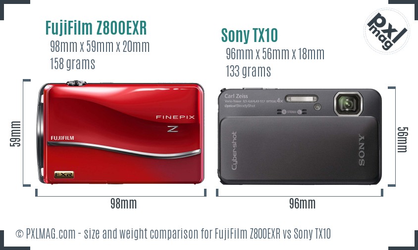 FujiFilm Z800EXR vs Sony TX10 size comparison