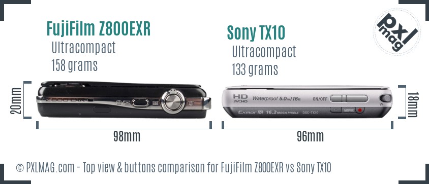 FujiFilm Z800EXR vs Sony TX10 top view buttons comparison
