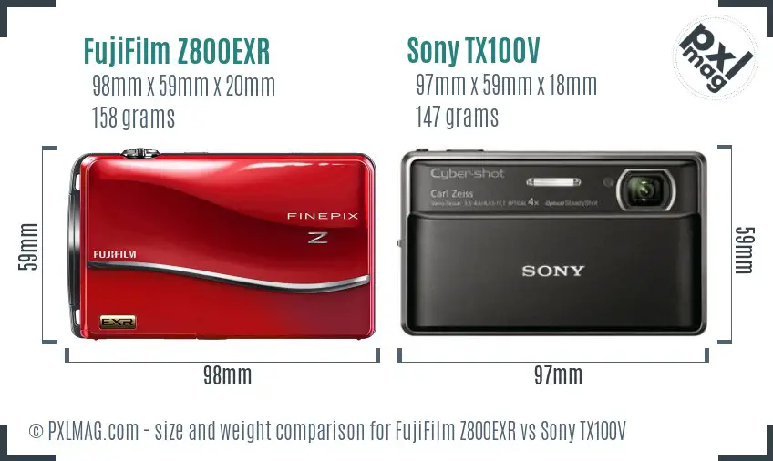 FujiFilm Z800EXR vs Sony TX100V size comparison