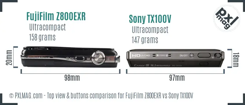 FujiFilm Z800EXR vs Sony TX100V top view buttons comparison