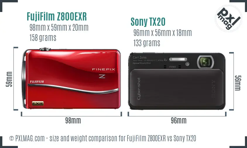 FujiFilm Z800EXR vs Sony TX20 size comparison