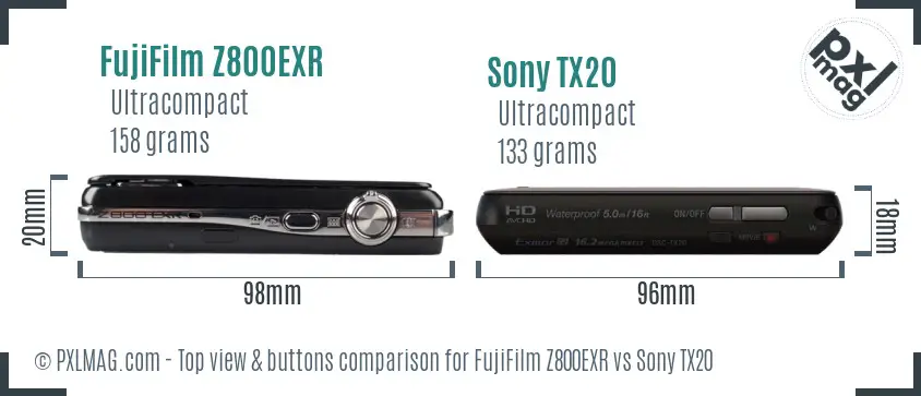 FujiFilm Z800EXR vs Sony TX20 top view buttons comparison