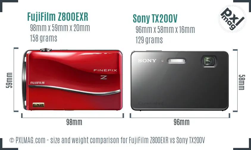 FujiFilm Z800EXR vs Sony TX200V size comparison