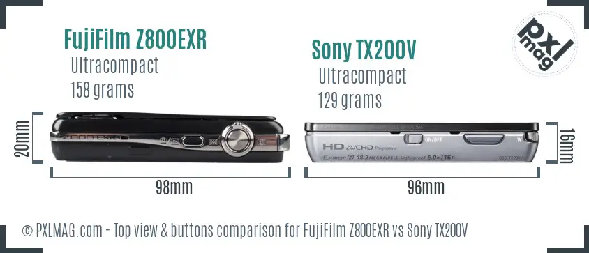 FujiFilm Z800EXR vs Sony TX200V top view buttons comparison