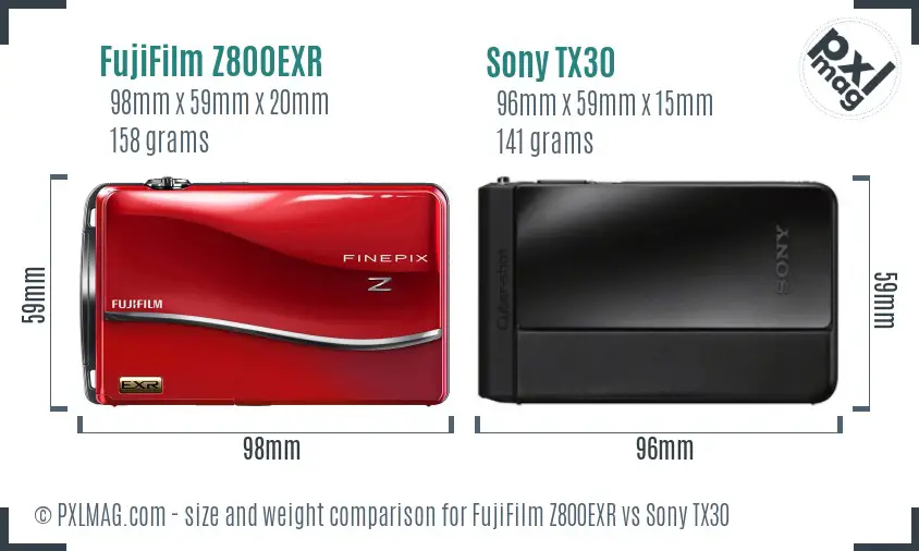 FujiFilm Z800EXR vs Sony TX30 size comparison