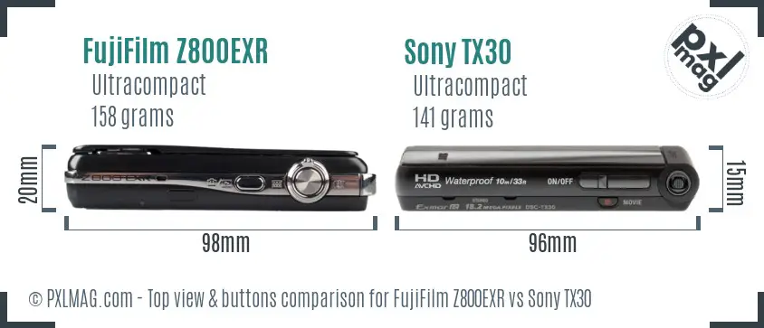 FujiFilm Z800EXR vs Sony TX30 top view buttons comparison