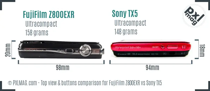 FujiFilm Z800EXR vs Sony TX5 top view buttons comparison