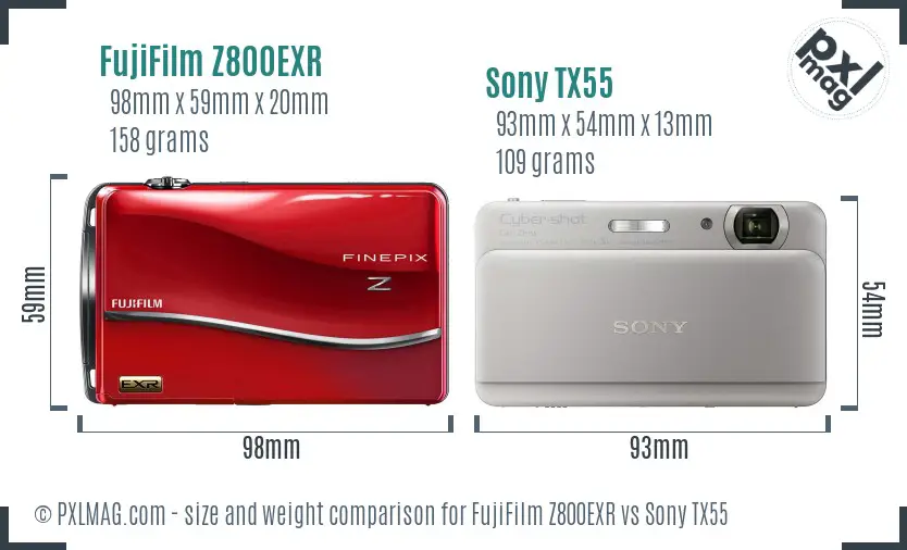 FujiFilm Z800EXR vs Sony TX55 size comparison