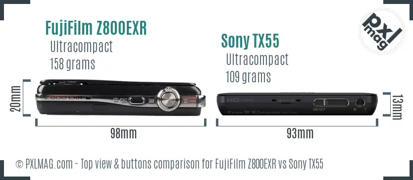 FujiFilm Z800EXR vs Sony TX55 top view buttons comparison