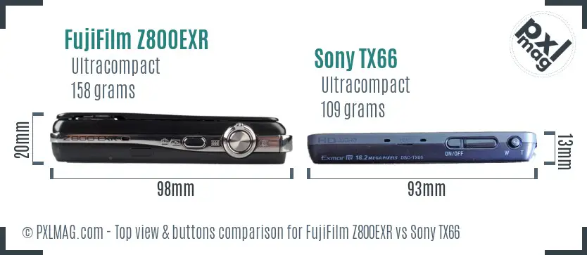 FujiFilm Z800EXR vs Sony TX66 top view buttons comparison