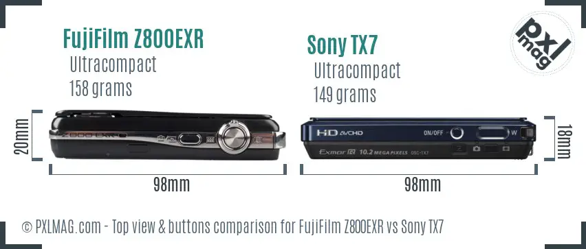 FujiFilm Z800EXR vs Sony TX7 top view buttons comparison