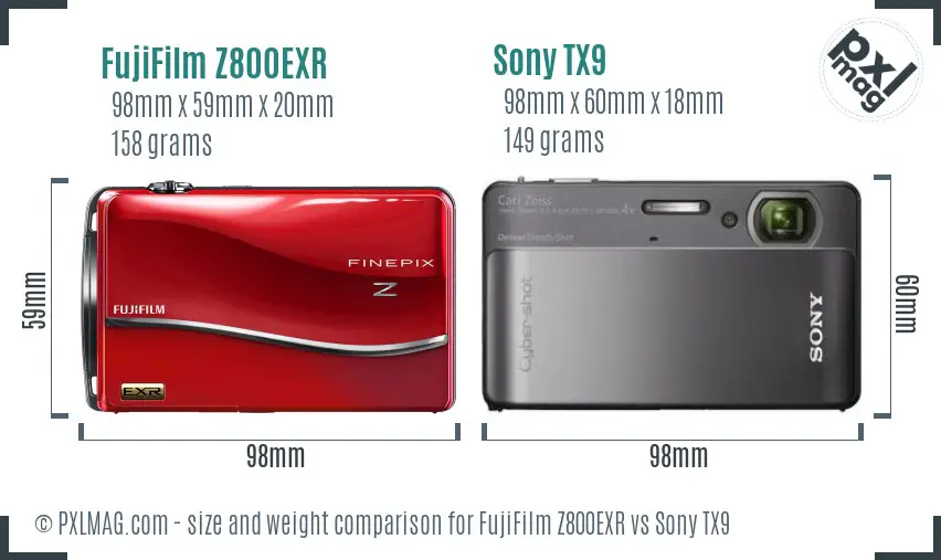 FujiFilm Z800EXR vs Sony TX9 size comparison