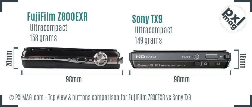 FujiFilm Z800EXR vs Sony TX9 top view buttons comparison