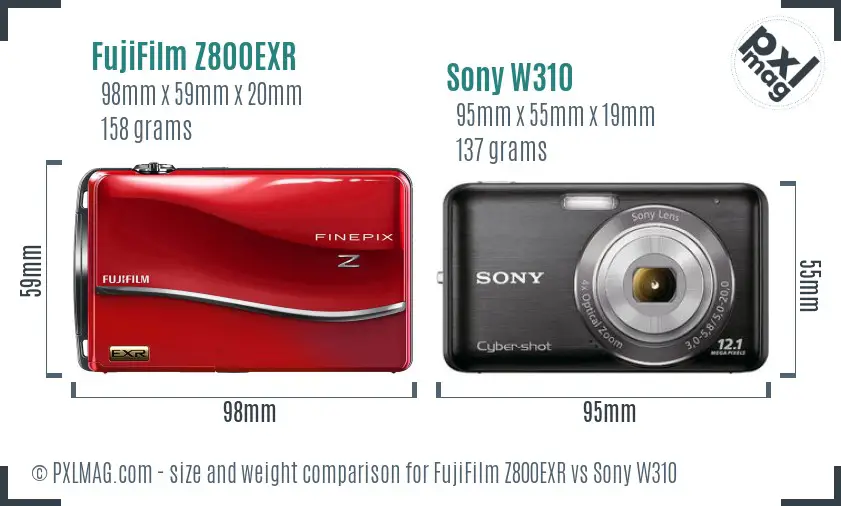 FujiFilm Z800EXR vs Sony W310 size comparison FujiFilm Z800EXR vs Sony W310 size comparison