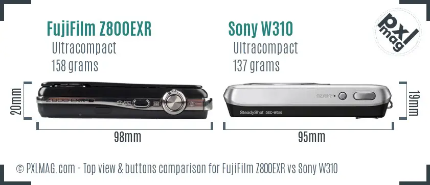 FujiFilm Z800EXR vs Sony W310 top view buttons comparison FujiFilm Z800EXR vs Sony W310 top view buttons comparison
