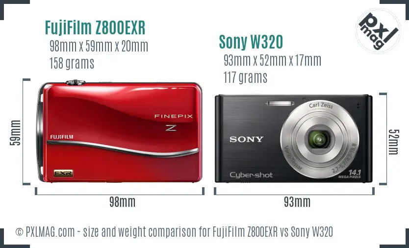 FujiFilm Z800EXR vs Sony W320 size comparison