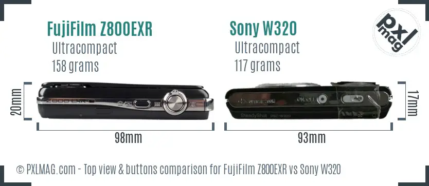 FujiFilm Z800EXR vs Sony W320 top view buttons comparison