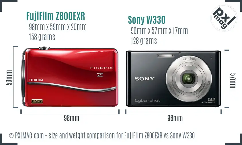 FujiFilm Z800EXR vs Sony W330 size comparison